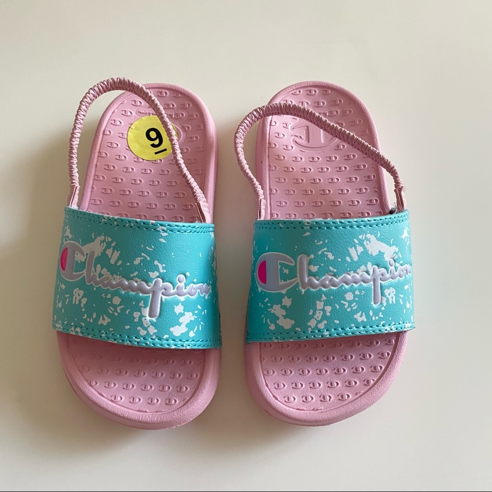Champion pink and blue toddler slides sz 9 NEVER WORN